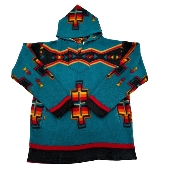 El Paso Saddleblanket Co. Tops - El Paso Saddleblanket Co Fleece Hoodie Southwestern Teal Geometric Women Large